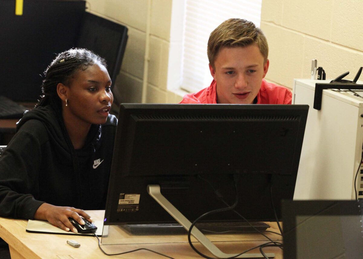 A boy and a woman work at a computer.